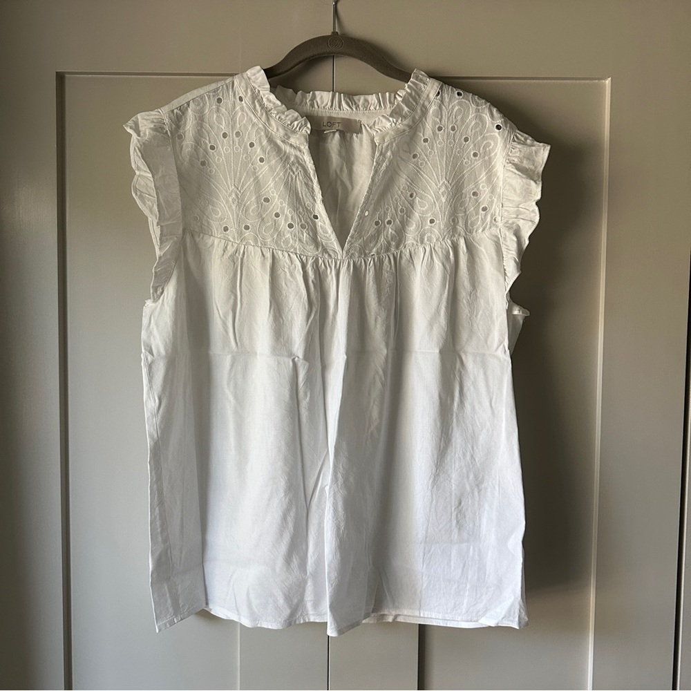 NWOT LOFT White Eyelet Split Neck Blouse
